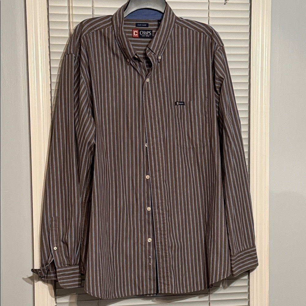 Vintage Chaps Men's Brown and Blue/White Striped Shirt